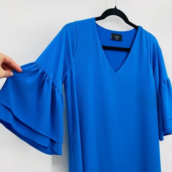 VICI Blue Peplum Sleeve V-Neck Shift Short Dress Size Small - Picture 4 of 6